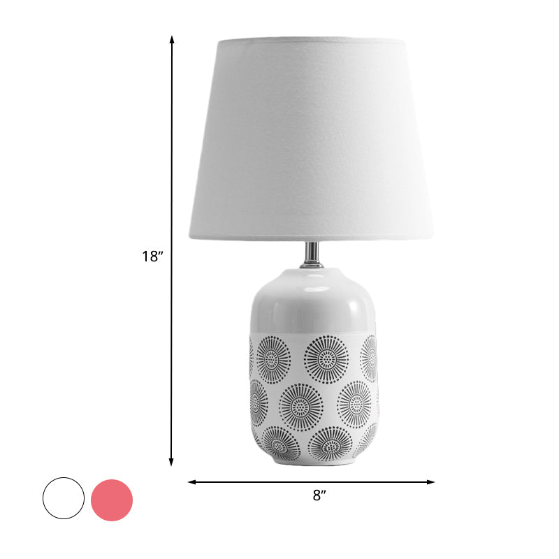 Ceramic Tapered Table Lamp Minimal 1 Bulb White/Pink Finish Night Light with Fabric Shade for Living Room