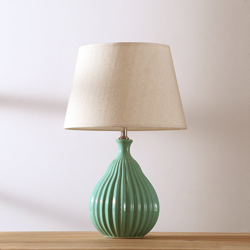 White/Green Teardrop Night Light Minimalist 1 Light Ceramic Nightstand Lamp with Cone Fabric Shade