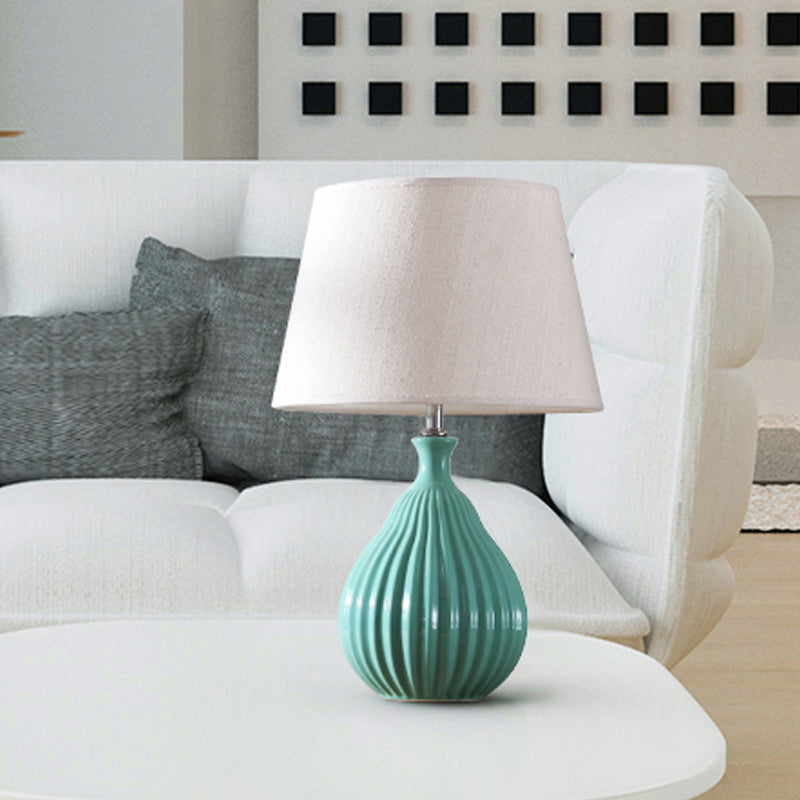 White/Green Teardrop Night Light Minimalist 1 Light Ceramic Nightstand Lamp with Cone Fabric Shade