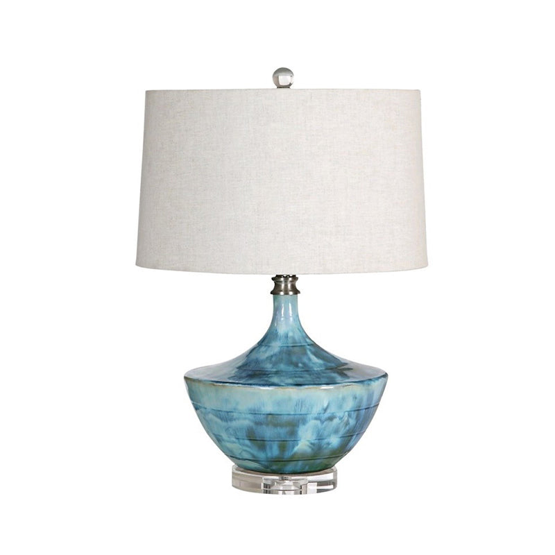 Nordic Drum Fabric Night Lamp 1 Light Table Lighting in Blue with Base Ceramic Base