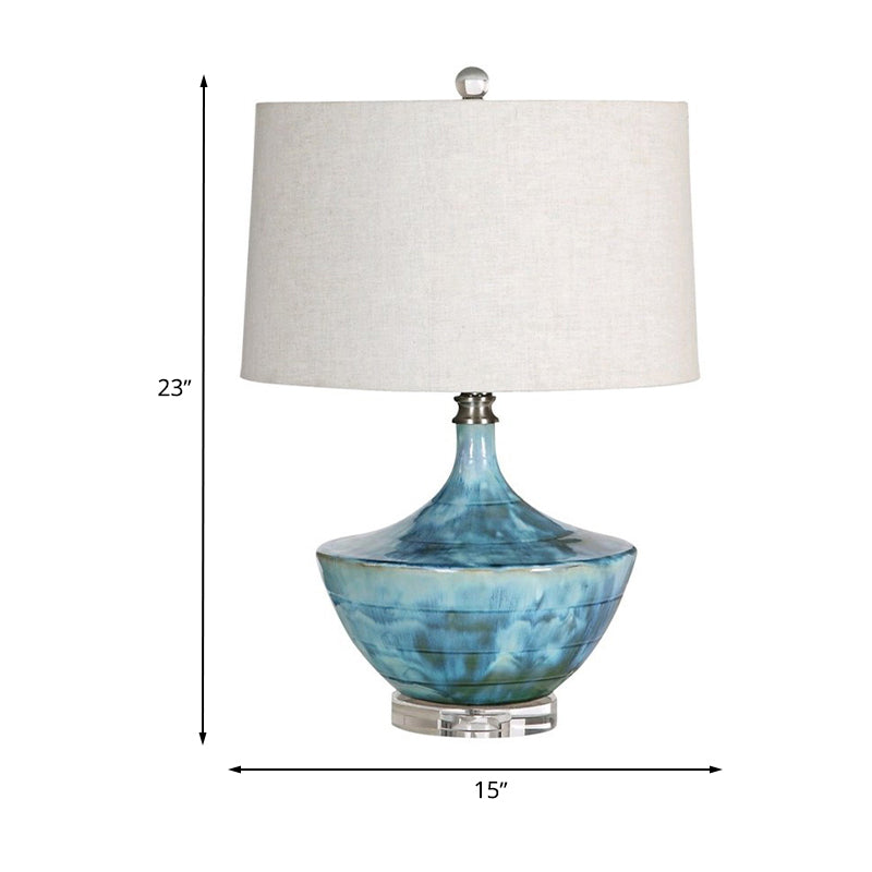 Nordic Drum Fabric Night Lamp 1 Light Table Lighting in Blue with Base Ceramic Base