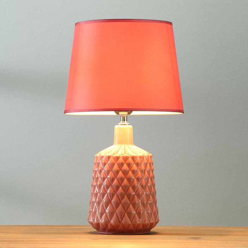 Barrel Night Table Lamp Modernism Ceramic 1 Light Living Room Nightstand Light in Pink with Fabric Shade