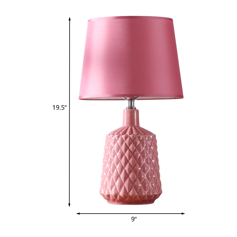 Barrel Night Table Lamp Modernism Ceramic 1 Light Living Room Nightstand Light in Pink with Fabric Shade