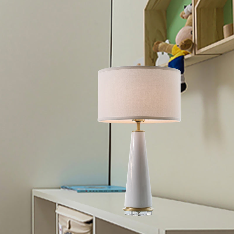 Fabric Drum Shade Nightstand Lamp Simplicity 1-Head Night Lighting in White with Ceramic Base