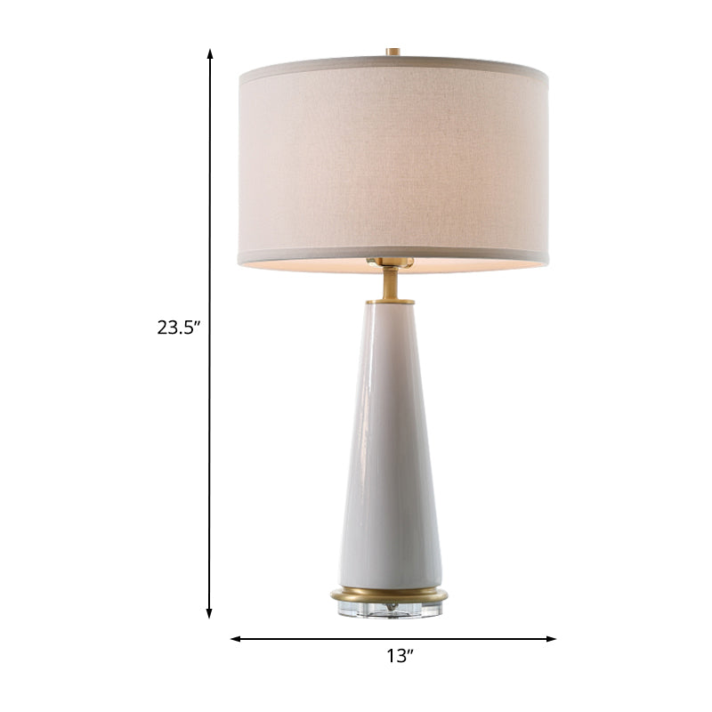 Fabric Drum Shade Nightstand Lamp Simplicity 1-Head Night Lighting in White with Ceramic Base