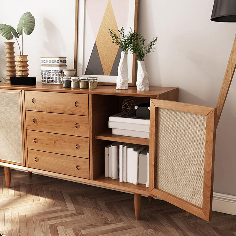 Contemporary Wicker Buffet Stand Pine Solid Wood Cabinets Sideboard with 5-Drawer