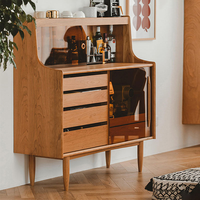 Modern Style Glass Doors Sideboard Solid Wood Buffet Table with 5-Drawer