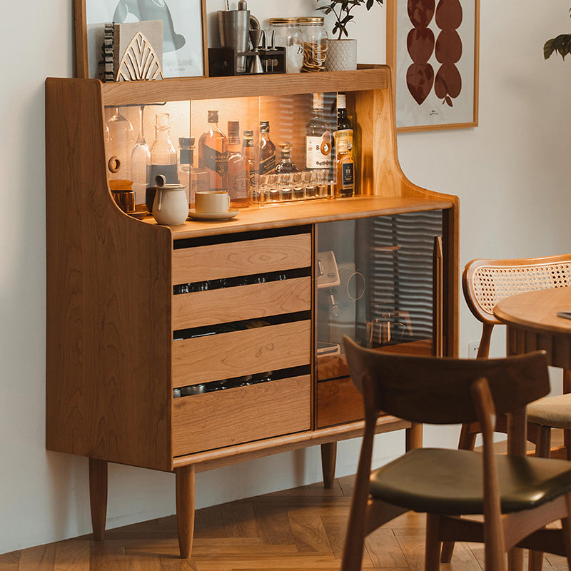 Modern Style Glass Doors Sideboard Solid Wood Buffet Table with 5-Drawer