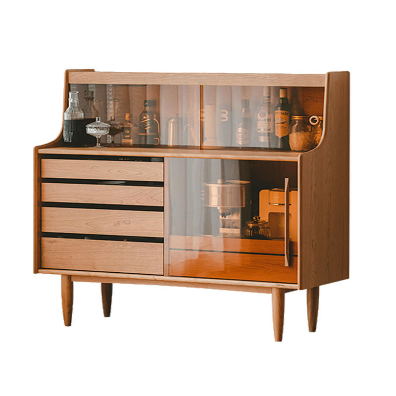 Modern Style Glass Doors Sideboard Solid Wood Buffet Table with 5-Drawer