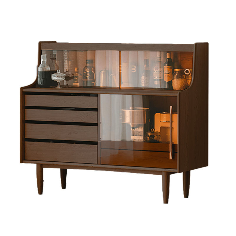 Modern Style Glass Doors Sideboard Solid Wood Buffet Table with 5-Drawer