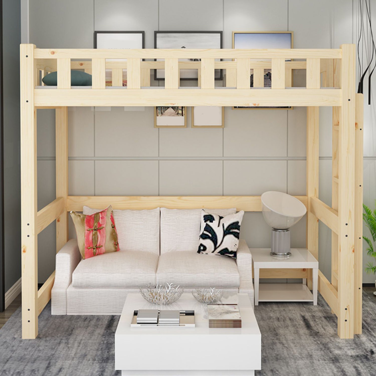 No Theme Scandinavian Kids Bed Solid Wood Loft Bed with Guardrail