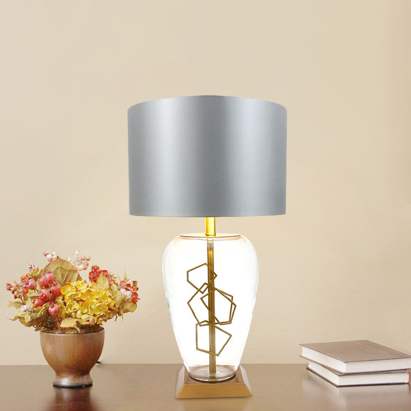 Urn Nightstand Light Modern Clear Glass 1 Head Brass Table Lamp with Drum Grey Fabric Shade