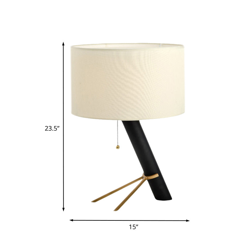 White Drum Shape Night Table Light Modern 1-Bulb Fabric Creative Desk Lamp with Pull Chain