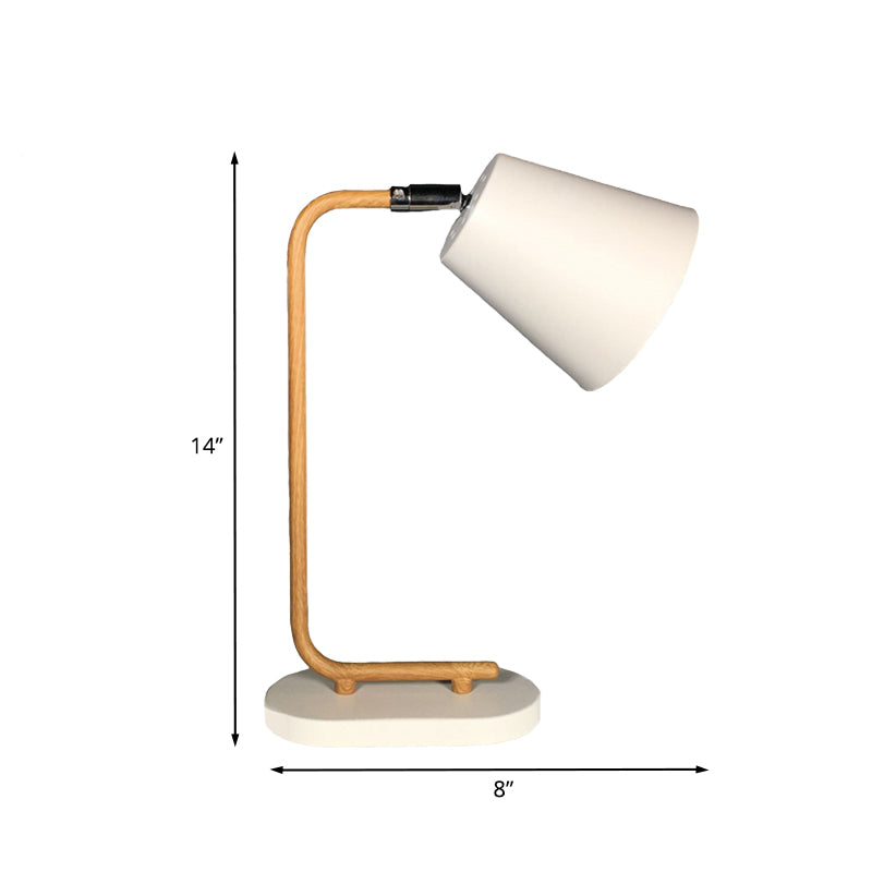 Conical Metal Reading Book Light Modern 1 Bulb White Plug In Table Lamp with Wood Slim Arm