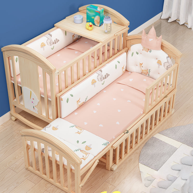 Solid Wood Convertible Baby Crib Natural Wood Crib with Casters and Storage