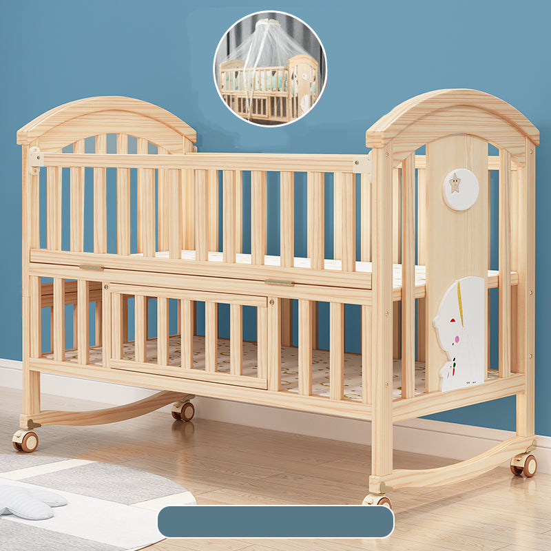 Solid Wood Convertible Baby Crib Natural Wood Crib with Casters and Storage