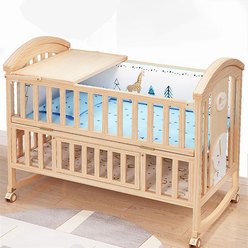 Solid Wood Convertible Baby Crib Natural Wood Crib with Casters and Storage