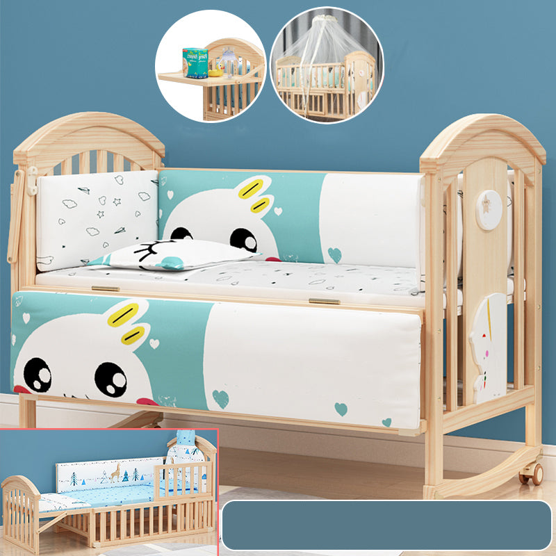 Solid Wood Convertible Baby Crib Natural Wood Crib with Casters and Storage