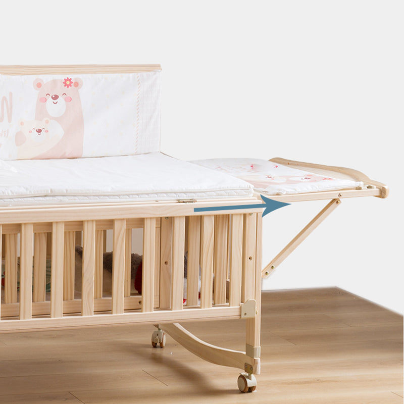 Solid Wood Convertible Baby Crib Natural Wood Crib with Casters and Storage