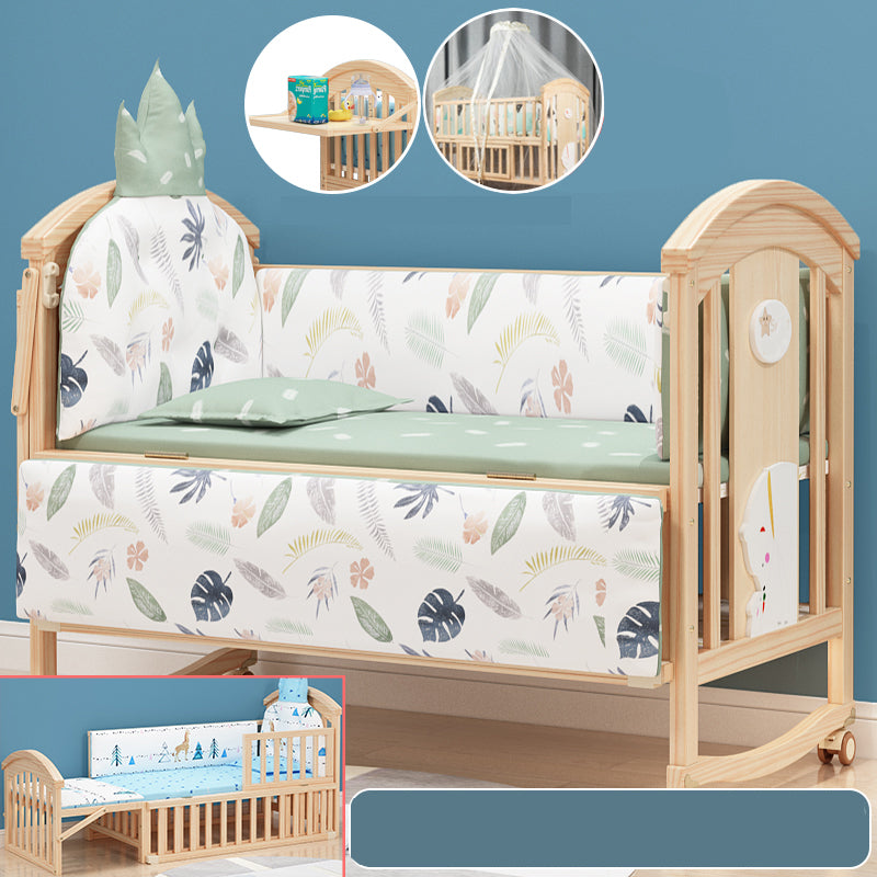 Solid Wood Convertible Baby Crib Natural Wood Crib with Casters and Storage