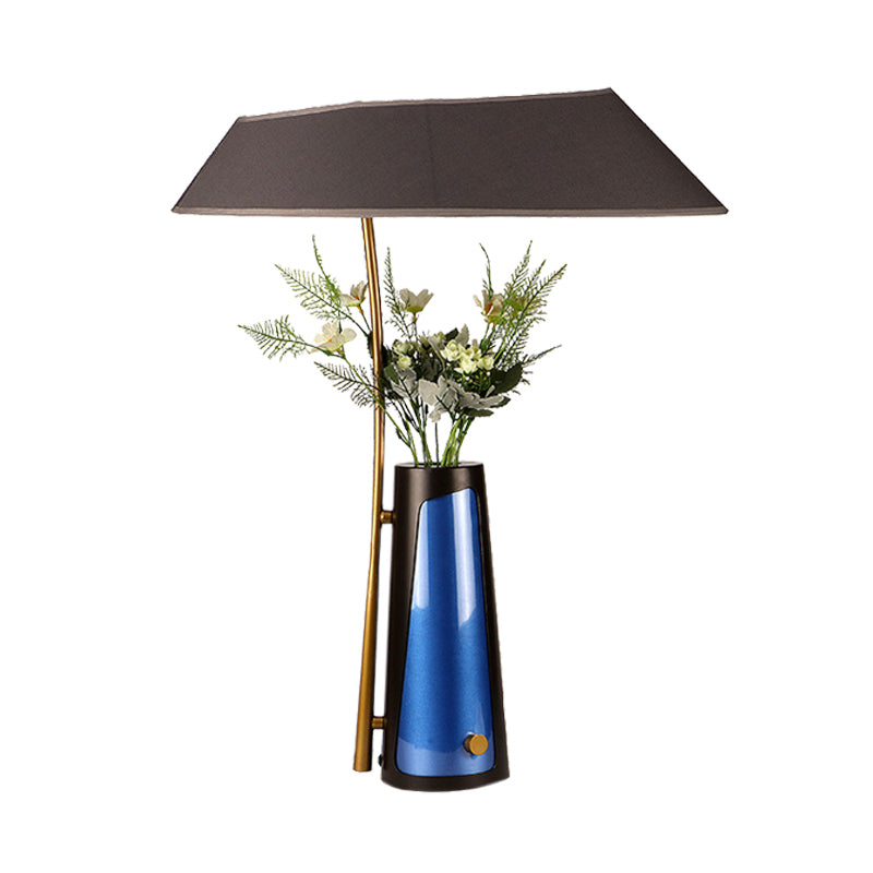 Geometric Table Light Modern Fabric 1 Light Black Creative Nightstand Lamp with Flower Vase Detail