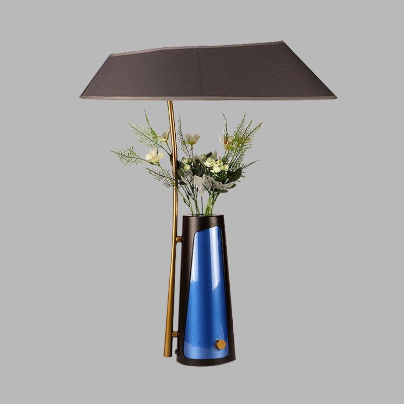 Geometric Table Light Modern Fabric 1 Light Black Creative Nightstand Lamp with Flower Vase Detail