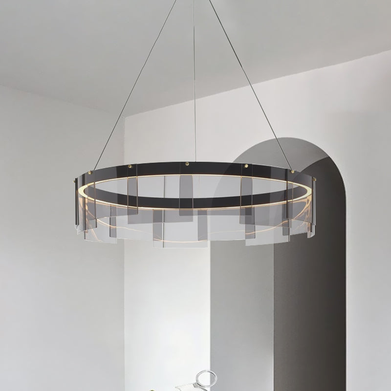 Black Glass Panel Ring Pendant Light Fixture Contemporary LED Ceiling Suspension Lamp in White/Warm Light