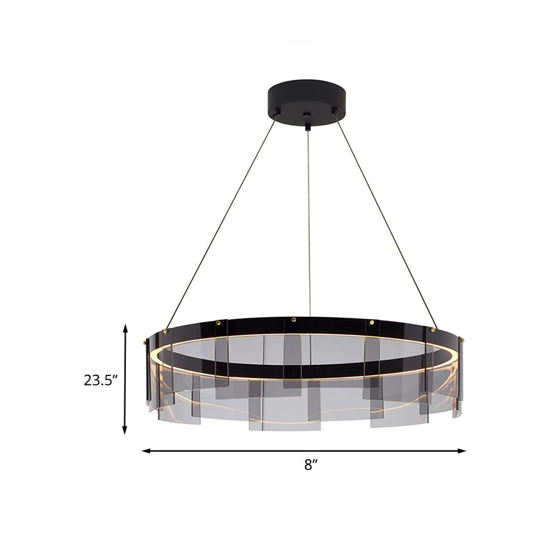 Black Glass Panel Ring Pendant Light Fixture Contemporary LED Ceiling Suspension Lamp in White/Warm Light