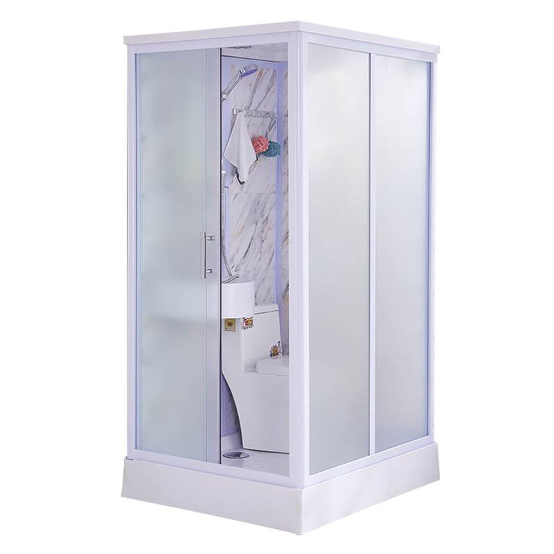 White Single Sliding Shower Kit Rectangle Frosted Shower Stall