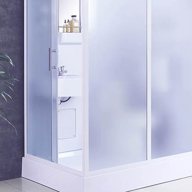 White Single Sliding Shower Kit Rectangle Frosted Shower Stall