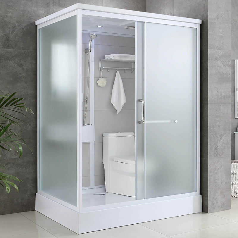 Single Sliding White Shower Kit Rectangle Frosted Shower Stall