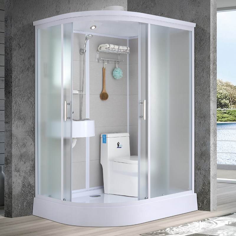 Single Sliding White Shower Kit Rectangle Frosted Shower Stall