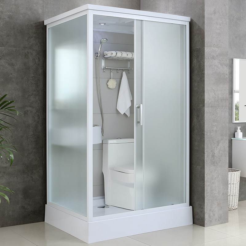 Single Sliding White Shower Kit Rectangle Frosted Shower Stall