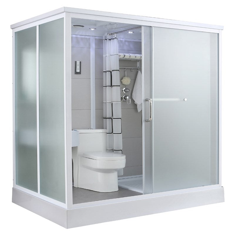 Single Sliding White Shower Kit Rectangle Frosted Shower Stall