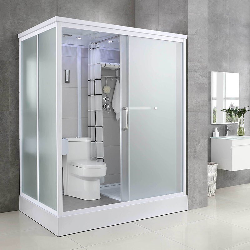 Single Sliding White Shower Kit Rectangle Frosted Shower Stall