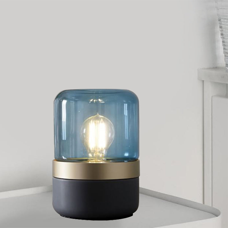 1 lamp slaapkamer klein bureau licht moderne grijze tafellamp met cilinder lichtblauwe glazen schaduw