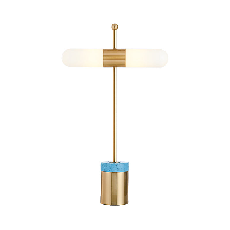 Kapsel Opal Glass Night Tischlampe Post moderne 2 Köpfe Gold Schreibtisch Licht mit Rohrmetall und Marmorbasis für Bett