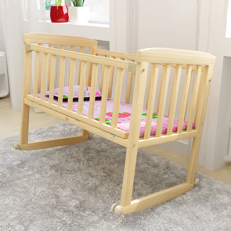 Farmhouse Pine Bed Solid Wood Baby Crib with Guardrails and Casters