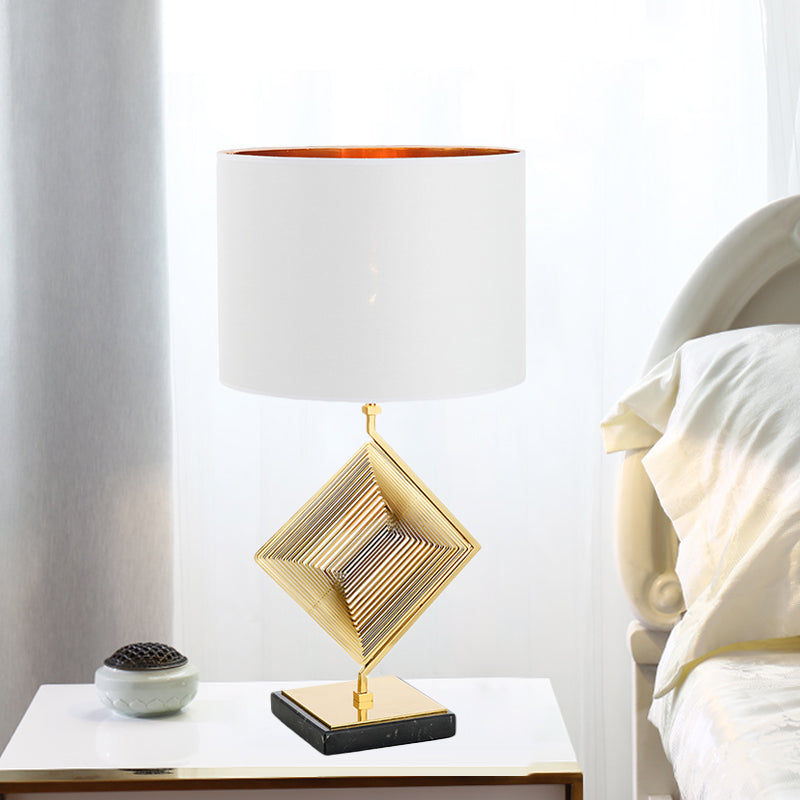 Pyramid Bedroom Table Light Metallic 1 Light Modern Desk Lamp in Gold with White Fabric Shade