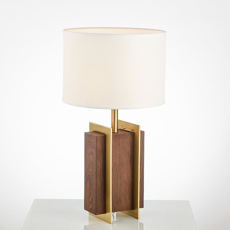 Metal Rectangle Desk Light Modernist 1-Head Fabric Table Lamp in Gold with Wood Detail