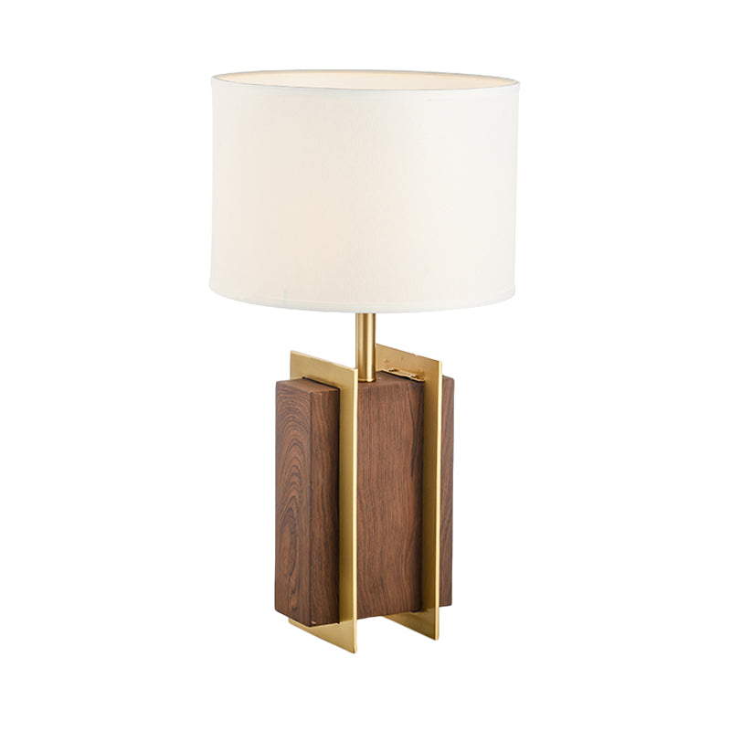 Metal Rectangle Desk Light Modernist 1-Head Fabric Table Lamp in Gold with Wood Detail