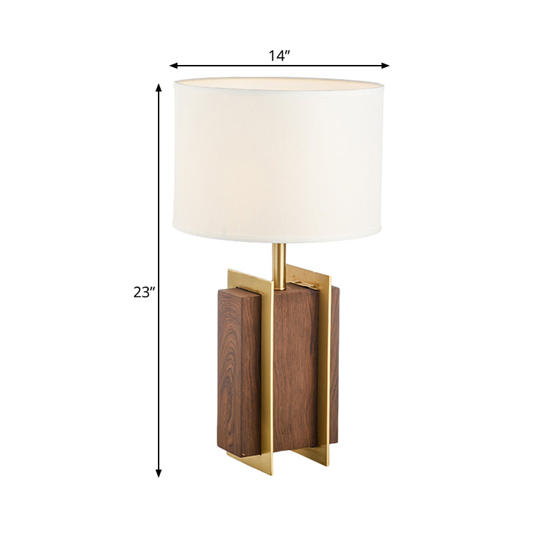 Metal Rectangle Desk Light Modernist 1-Head Fabric Table Lamp in Gold with Wood Detail