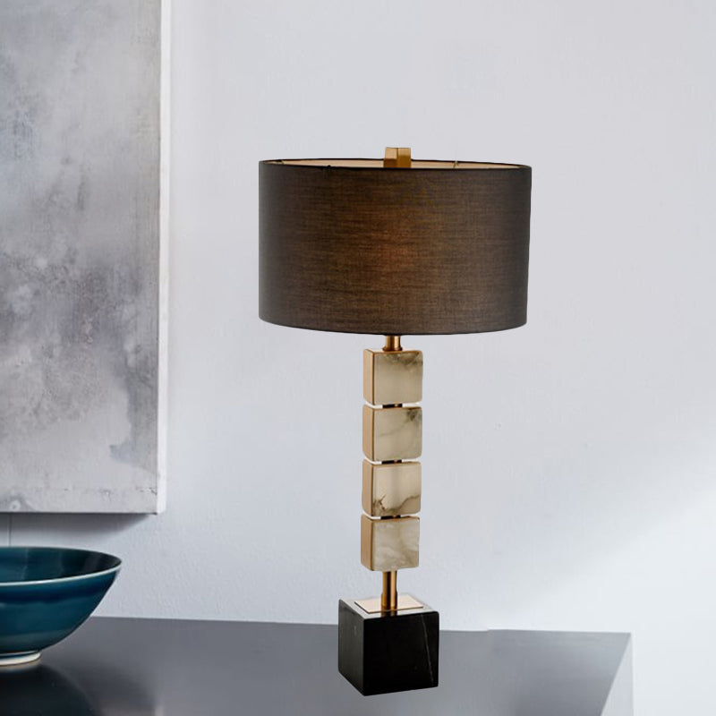 Drum Fabric Table Lighting Modernism 1-Light Brown Desk Lamp with Cube Marble Base