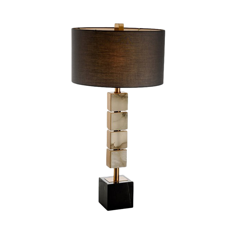 Drum Fabric Table Lighting Modernism 1-Light Brown Desk Lamp with Cube Marble Base