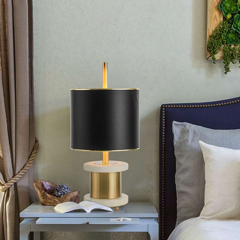 Fabric Drum Shade Night Table Light Modernism 1 Head Marble Reading Book Lamp in Black