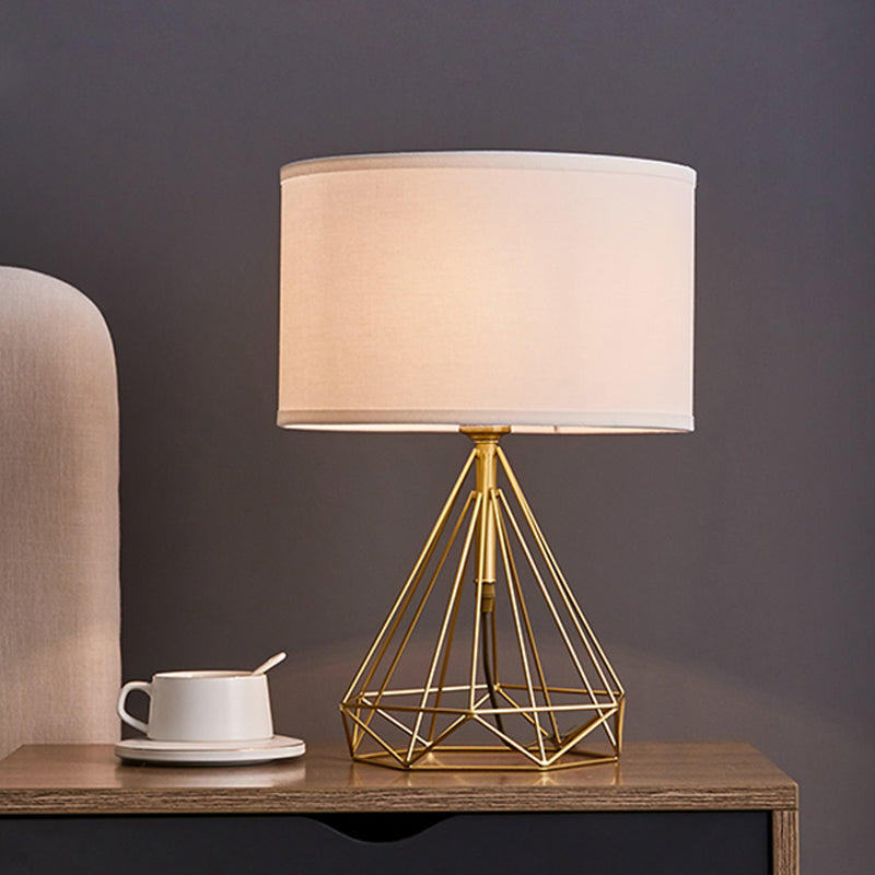 Diamond Cage Table Light Minimalist Metallic 1 Head Bedside White Fabric Desk Lamp in Gold