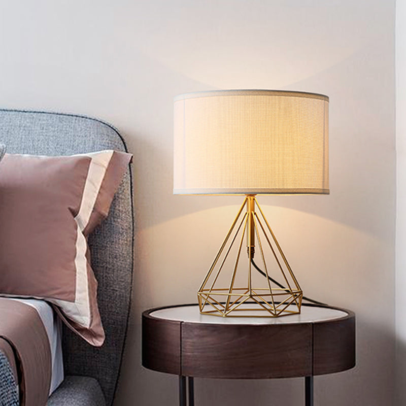 Diamond Cage Table Light Minimalist Metallic 1 Head Bedside White Fabric Desk Lamp in Gold