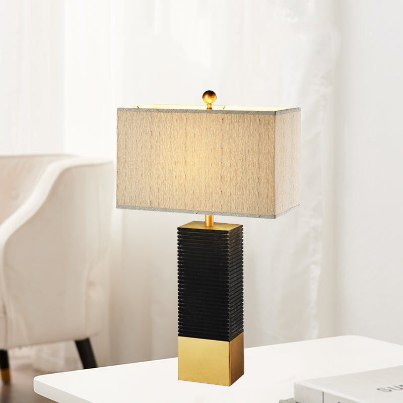 Black Finish Rectangle Desk Lighting Modernism 1-Bulb Metallic Table Lamp with Beige Fabric Shade