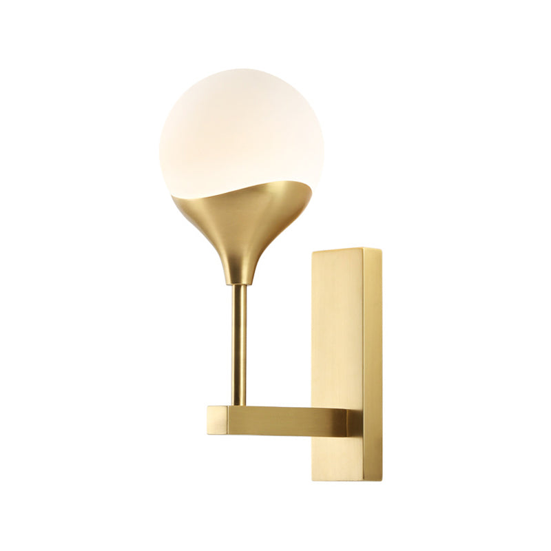 1 Bulb Bedroom Wall Light Minimal Brass Finish Wall Sconce with Globe Cream Glass Shade