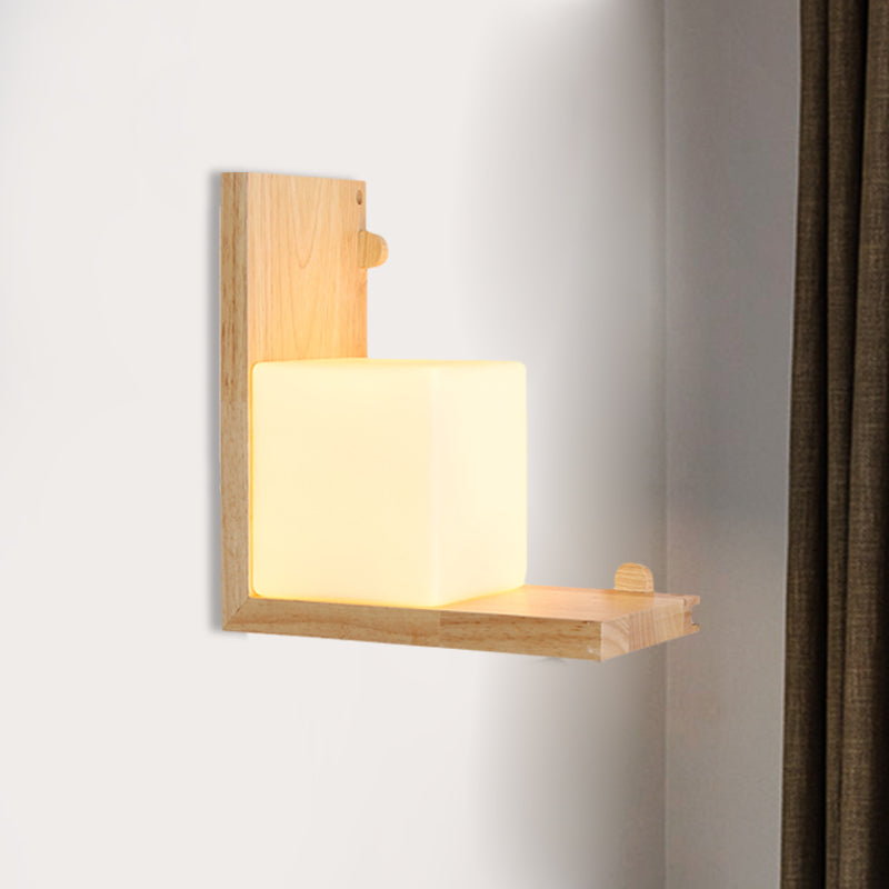 Pannello angolare a destra in legno a filo con scarico multimediale a parete minimalista lampada da parete beige con tonalità di vetro opale cubo